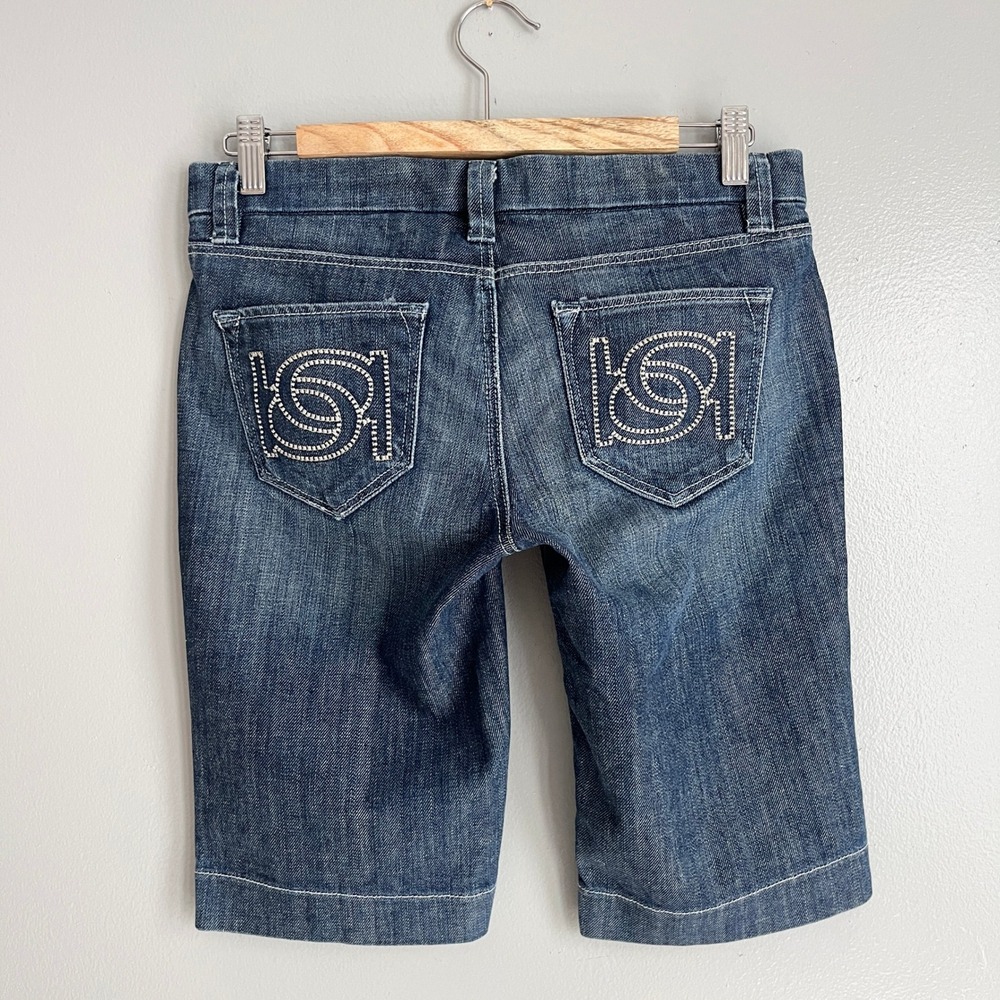 Bebe Y2K Trouser Walk Jean Shorts Bermuda Denim Embroidered USA Low Rise 28‎